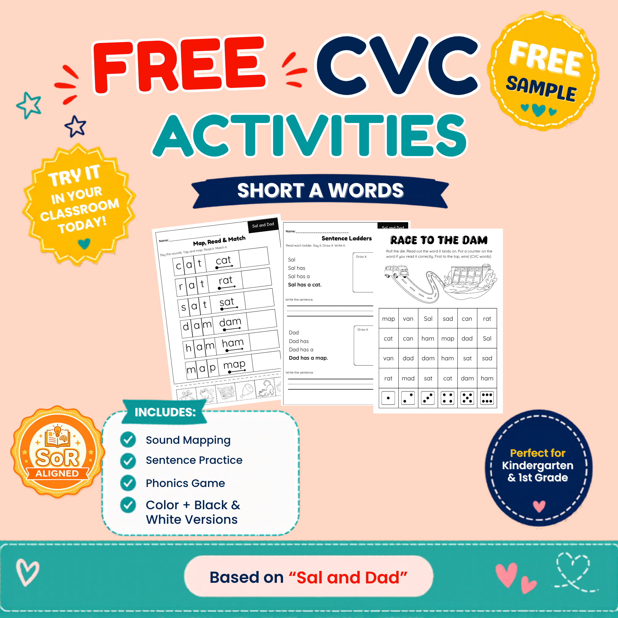 FREE CVC Phonics Activities (Short A) | Mapping, Sentences & Game | Sor