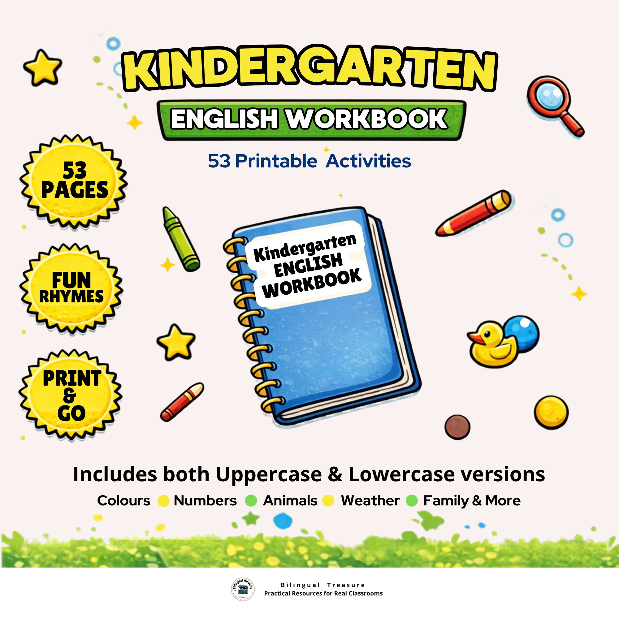 Kindergarten English Workbook | ESL EFL Activities for Beginners | No Prep | 50+ Printable Worksheets