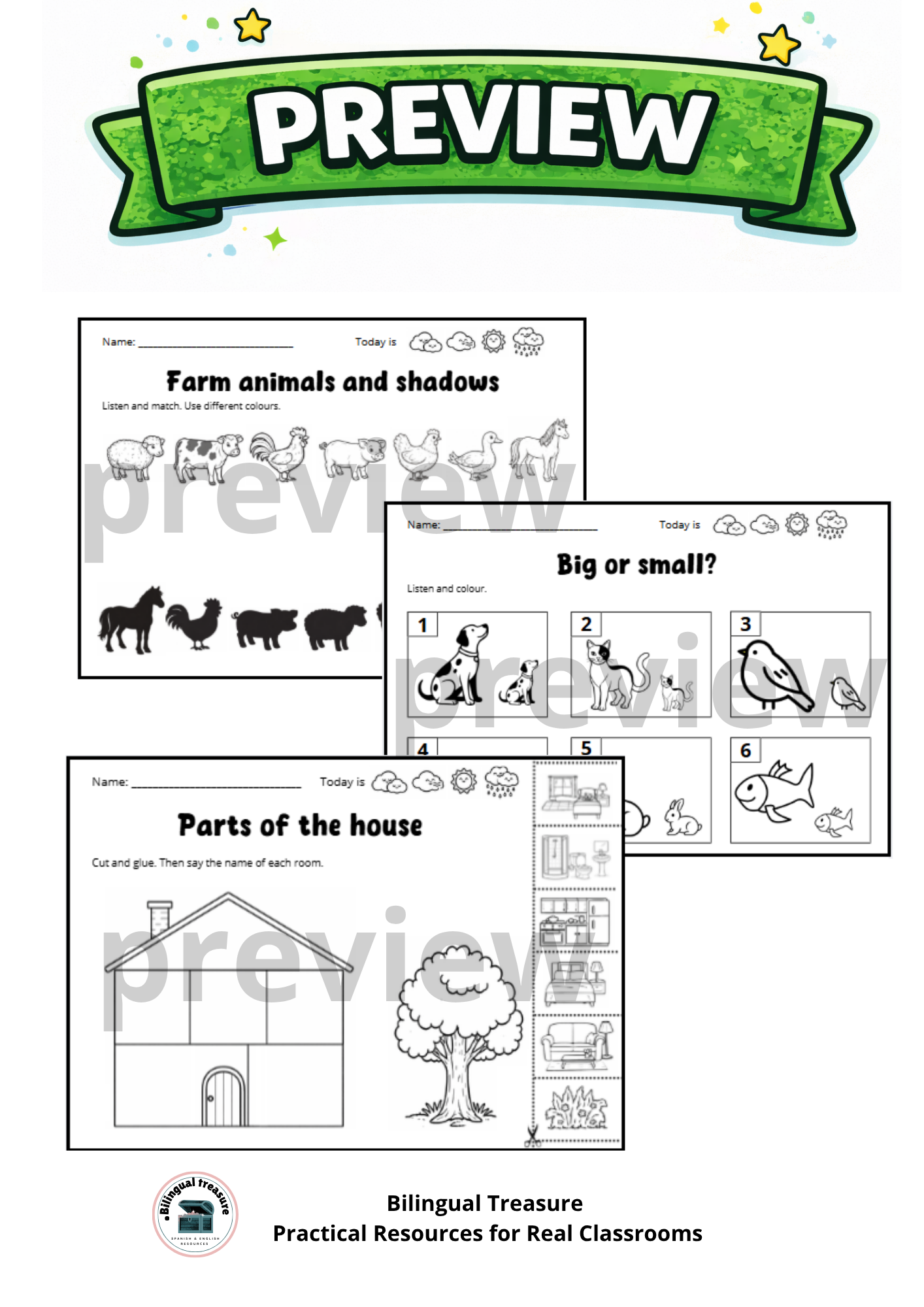 Kindergarten English Workbook | ESL EFL Activities for Beginners | No Prep | 50+ Printable Worksheets