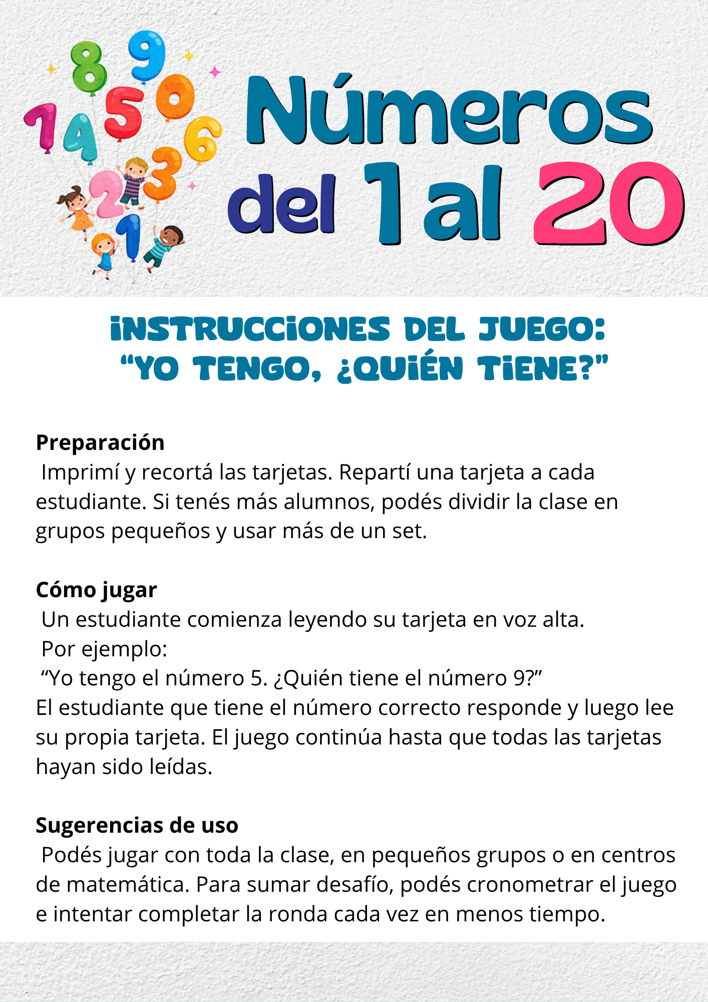 Números del 1 al 20 | Yo Tengo Quién Tiene | Actividades Manipulativas