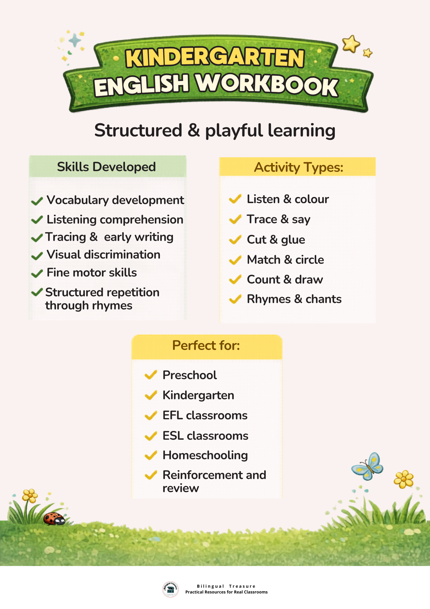 Kindergarten English Workbook | ESL EFL Activities for Beginners | No Prep | 50+ Printable Worksheets